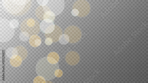 Bokeh lights. Blurred overlay template. Abstract blur light effect. Transparent background. Vector illustration.