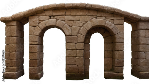 Stone archway with three entrances, rustic design, isolated on transparent background