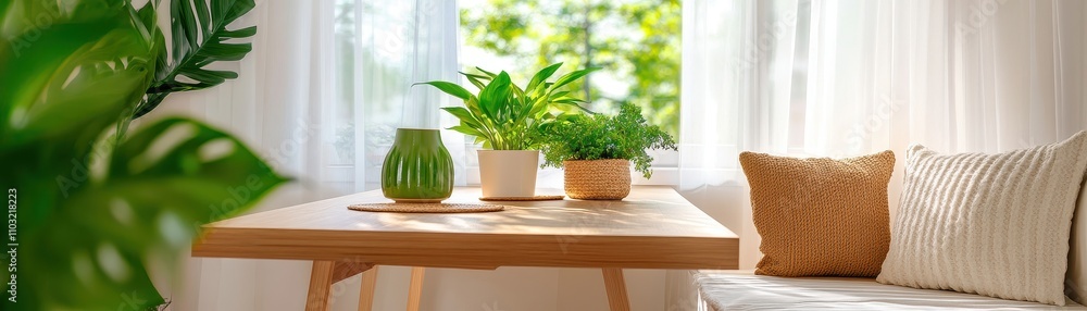 Cozy breakfast nook featuring built-in seating and vibrant greenery for a refreshing dining experience. Cozy breakfast nook featuring built-in seating and vibrant greenery for a refreshing dining experience.