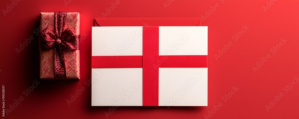 Obraz premium Elegant Red Gift and Card on Solid Background