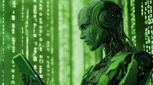 A robotics expert programming advanced systems, with a vibrant green background symbolizing innovation photo