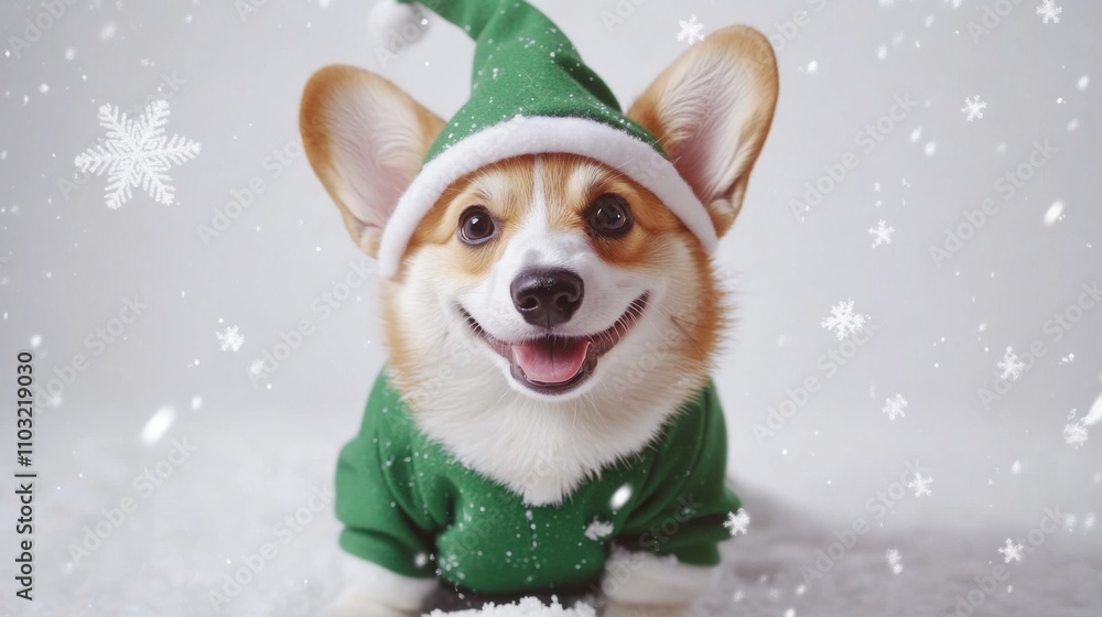 Cute corgi in a green elf costume, sitting on a clean white digital Cute corgi in a green elf costume, sitting on a clean white digital