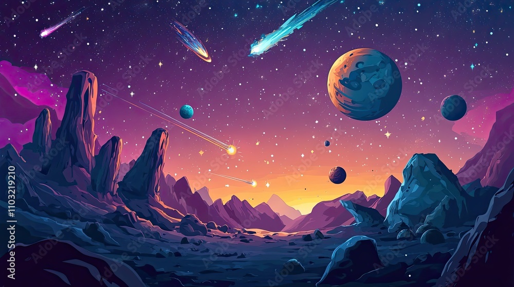 Alien Planet Landscape With Comets And Stars Alien Planet Landscape With Comets And Stars