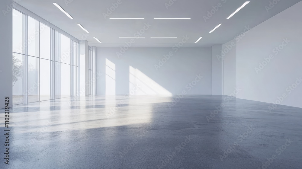 3D rendering of modern office interior with exposed concrete floors and white walls 3D rendering of modern office interior with exposed concrete floors and white walls