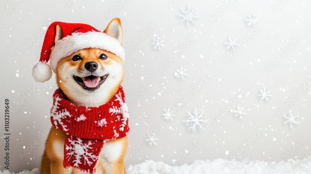 Happy Shiba Inu wearing a festive scarf and Santa hat, digital Happy Shiba Inu wearing a festive scarf and Santa hat, digital