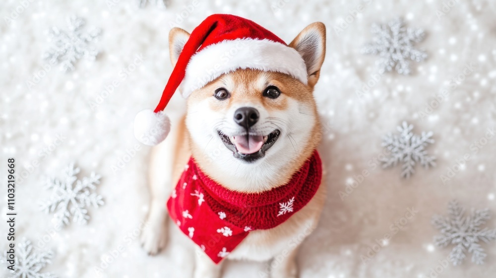 Happy Shiba Inu wearing a festive scarf and Santa hat, digital Happy Shiba Inu wearing a festive scarf and Santa hat, digital