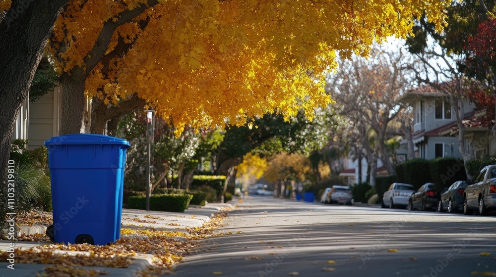 Fototapeta premium Scenic Autumn Street with Blue Trash Bin and Colorful Leaves