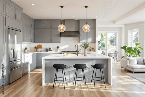 Modern Open Concept Kitchen with Gray Cabinets and Stylish Bar Stools