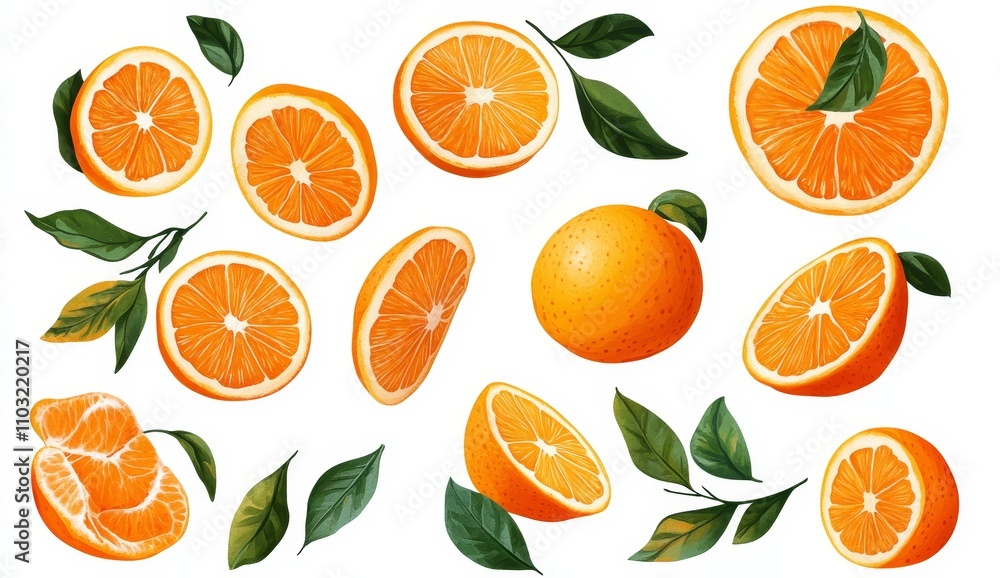 A collection of whole oranges, orange slices, and leaves isolated on a white background. A collection of whole oranges, orange slices, and leaves isolated on a white background.