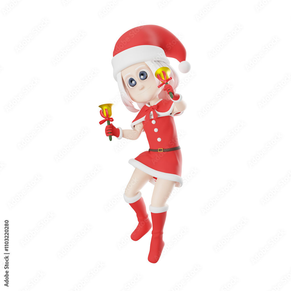 Creative Cartoon Girls Santa Claus.A Santa Claus girl walks with both hands holding a golden bell. 3D Character Design Creative Cartoon Girls Santa Claus.A Santa Claus girl walks with both hands holding a golden bell. 3D Character Design