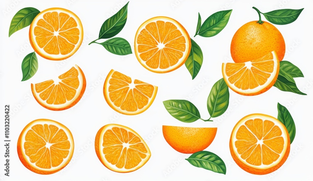 A set of fresh, juicy orange slices and whole oranges with green leaves, isolated on a white background.