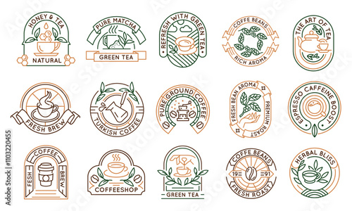 Tea and coffee logos, labels, icons. A set of 15 coffee and tea logotypes. Coffee Beans, Matcha, Green Tea, Mug. For branding tea shops, coffee houses, and beverage products. Vector illustration