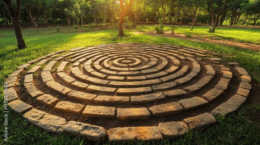 Serene Stone Labyrinth in a Lush Green Forest Setting at Sunset Serene Stone Labyrinth in a Lush Green Forest Setting at Sunset