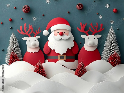 Reaindeer and Santa Claus bring holiday cheer with gifts and decorations on a snowy winter background photo