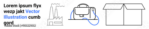Industrial factory with chimneys, briefcase with strap, and open box. Ideal for business presentations, logistics planning, education material, supply chain management, marketing collateral, travel