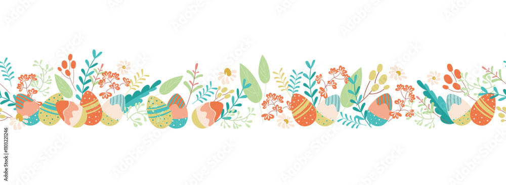 Easter seamless border with hand-drawn decorative eggs in flower meadow on transparent background. Cute vector horizontal pattern, perfect for textiles, banners, wallpapers and festive designs. Easter seamless border with hand-drawn decorative eggs in flower meadow on transparent background. Cute vector horizontal pattern, perfect for textiles, banners, wallpapers and festive designs.