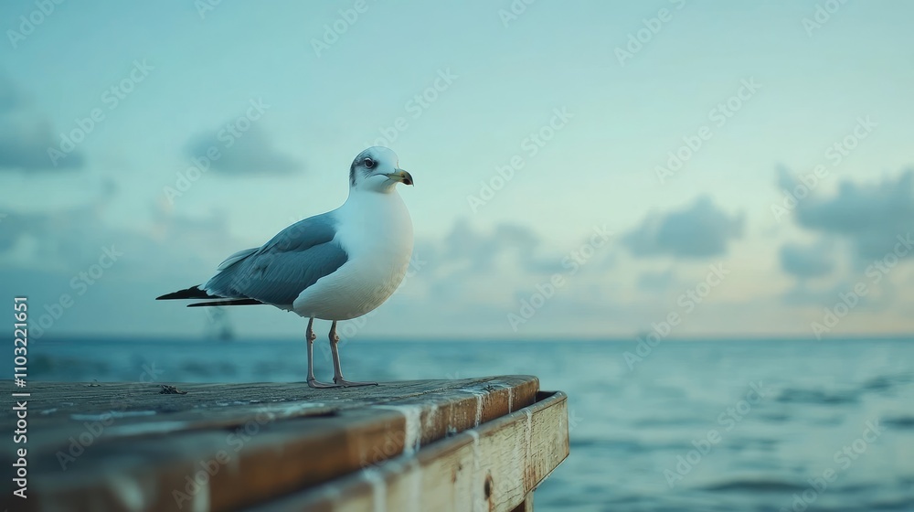 Seagull Standing on Dock by Ocean Under a Colorful Sky at Sunset Seagull Standing on Dock by Ocean Under a Colorful Sky at Sunset