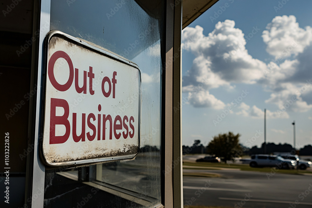 Obraz premium A faded out of business sign reflects a sense of abandonment and decline against a bright cloudy sky, evoking feelings of nostalgia and change