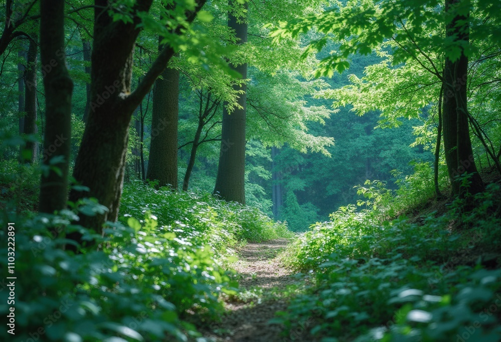 Fototapeta premium Forest Path Sunlight Green Lush Trees