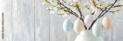 Easter eggs hanging from plants/branches, decorations, easter, eggs, poster, advertising, background, wallpaper, festival, holiday, warmth, business, education photo