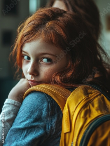 Melancholic School Girl in Backpack