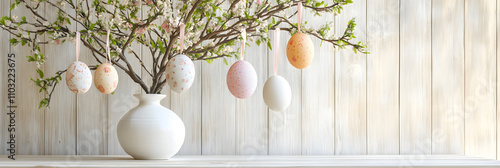 Easter eggs hanging from plants/branches, decorations, easter, eggs, poster, advertising, background, wallpaper, festival, holiday, warmth, business, education photo