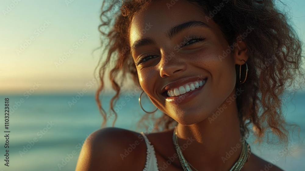 Radiant Smile on Beach at Sunset - Joyful Summer Portrait Radiant Smile on Beach at Sunset - Joyful Summer Portrait