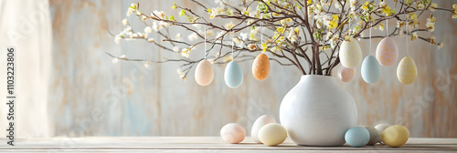 Easter eggs hanging from plants/branches, decorations, easter, eggs, poster, advertising, background, wallpaper, festival, holiday, warmth, business, education photo