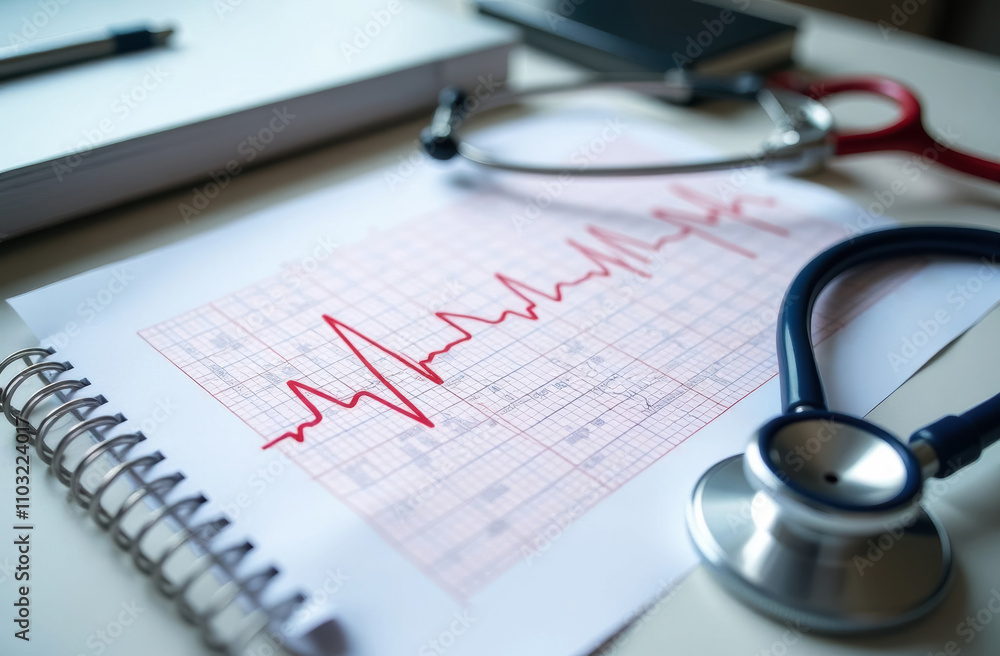 The printed electrocardiogram lies on the table, next to it is a stethoscope The printed electrocardiogram lies on the table, next to it is a stethoscope