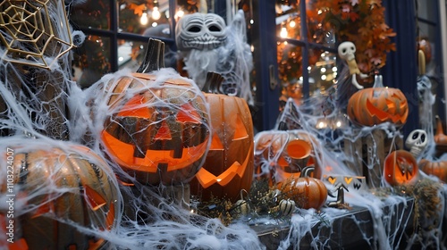 A festive Halloween display with pumpkins, cobwebs, and spooky decorations photo