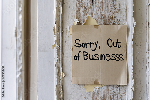 A minimalistic sign reads sorry out of business on a weathered wall with peeling paint creating a sense of abandonment and economic decline photo