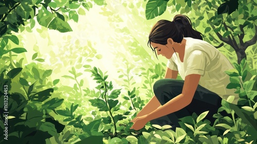 A volunteer planting trees in a park, framed by a lush green background symbolizing community effort photo