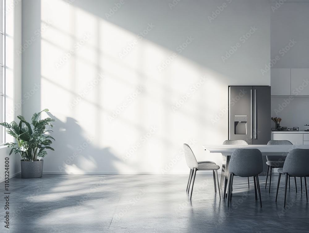 A modern kitchen with a large window, white walls, a grey concrete floor, a dining table with grey chairs, a large grey refrigerator, and a green plant in a pot. A modern kitchen with a large window, white walls, a grey concrete floor, a dining table with grey chairs, a large grey refrigerator, and a green plant in a pot.