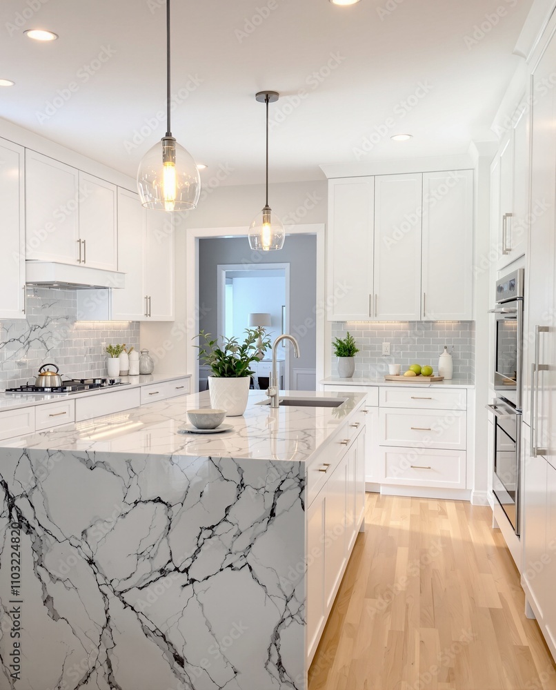 Fototapeta premium Modern Minimalist Kitchen with Marble Island and Pendant Lighting