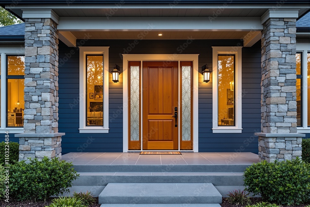 Elegant Modern Home Entrance with Stone Accents and Warm Lighting Elegant Modern Home Entrance with Stone Accents and Warm Lighting