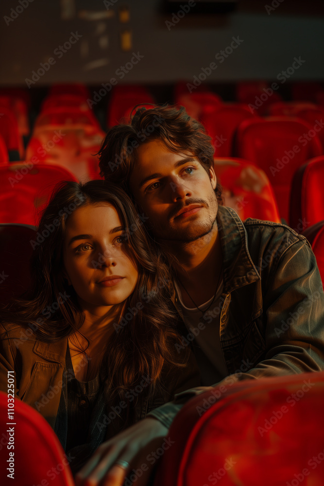Intimate Movie Moment: A young couple leans in close, lost in the shared experience of a cinematic masterpiece. Intimate Movie Moment: A young couple leans in close, lost in the shared experience of a cinematic masterpiece.
