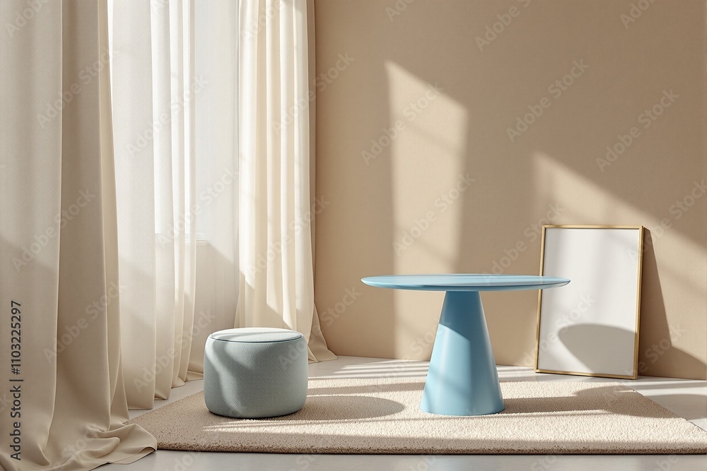 Modern Minimalist Living Space Featuring a Blue Table and Decorative Pouf Modern Minimalist Living Space Featuring a Blue Table and Decorative Pouf