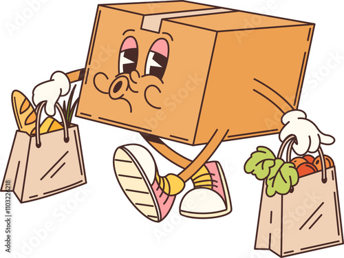 Groovy delivery cardboard box cartoon character happily carrying shopping bags, showing friendly and funky vibe. Isolated vector funny parcel, pack retro personage suggests a fun shopping experience