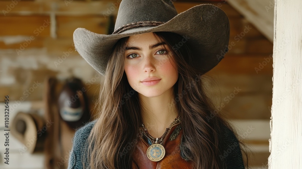 Young woman in rustic western outfit with cowboy hat Young woman in rustic western outfit with cowboy hat