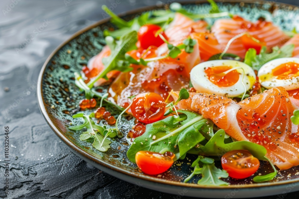 Smoked Salmon Salad, Red Caviar Salat with Dried Cherry Tomatoes, Quail Eggs and Greens, Seafood Smoked Salmon Salad, Red Caviar Salat with Dried Cherry Tomatoes, Quail Eggs and Greens, Seafood