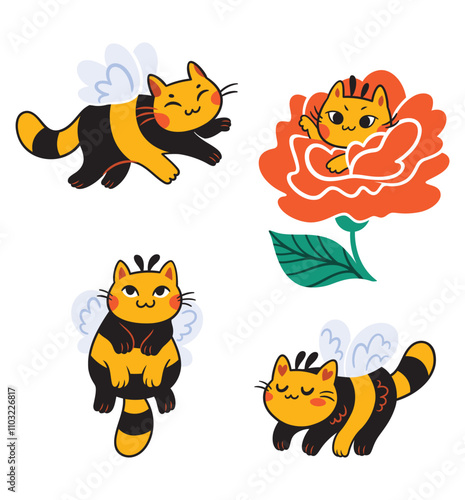 Set of cute bee cats, kawaii style