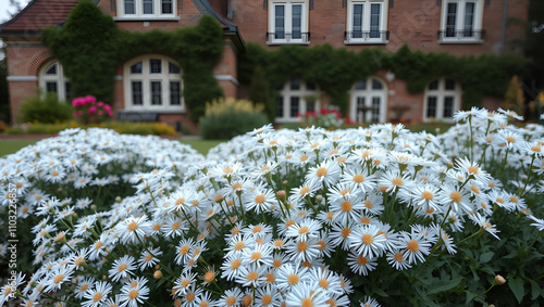 rich tufts of white aster near a historic building in a romantic park, a facade in the shape of a bossage of bricks. they bloom profusely and reliably in the flowerbed in October photo