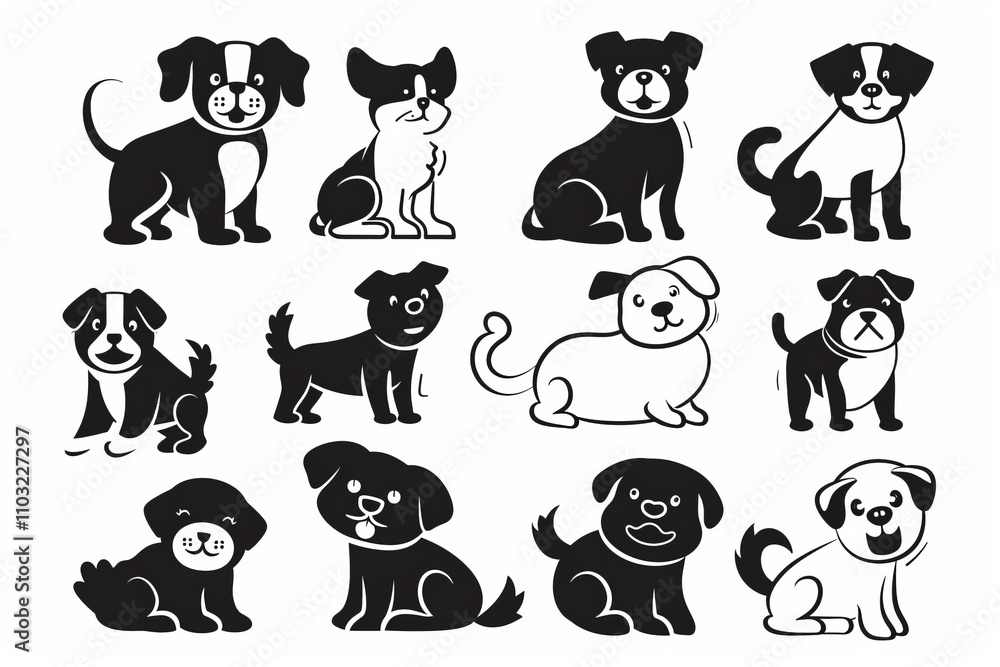 Cute dog icon set, pet animal flat silhouette, puppy icons, funny dog character pictogram, minimal woof sign Cute dog icon set, pet animal flat silhouette, puppy icons, funny dog character pictogram, minimal woof sign