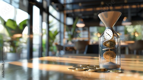 A glass hourglass with coins inside and a clock face at the top is on a table with more coins scattered around it, suggesting time is money.