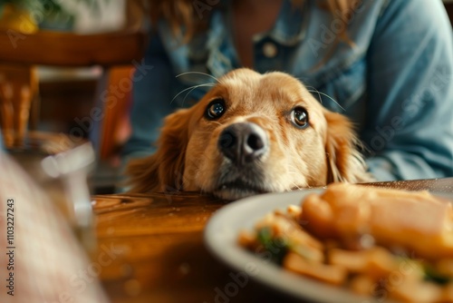 Dog begging for food, pet looks at owner plate with hungry eyes, dog head begs to feed it photo