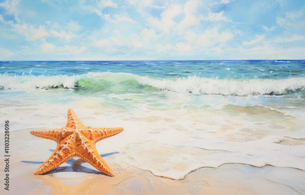 Serene Beach Scene Featuring a Vibrant Starfish on Sandy Shore with Gentle Waves and Clear Blue Skies, Perfect for Travel and Nature Themes Serene Beach Scene Featuring a Vibrant Starfish on Sandy Shore with Gentle Waves and Clear Blue Skies, Perfect for Travel and Nature Themes