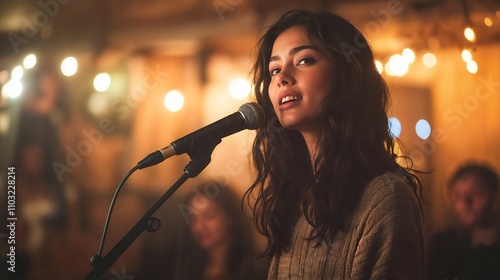  A woman is giving a speech or singing at a microphone on stage. 
