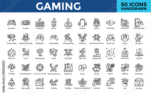 Gaming icon set with controller, console, keyboard, mouse, joystick, headset, esports, streaming, gaming pc, mobile gaming icon. Simple handdrawn vector 
