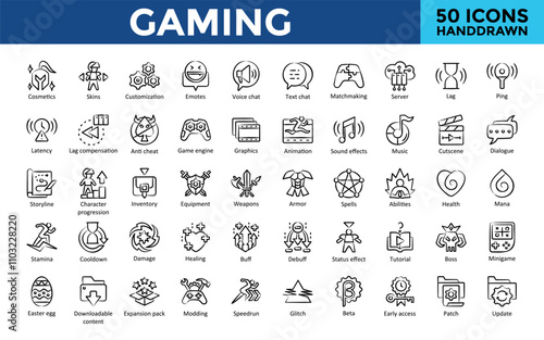 Gaming icon set with cosmetics, skins, customization, emotes, voice chat, text chat, matchmaking, server, lag, ping icon. Simple handdrawn vector 
