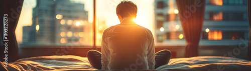 Serene Sunrise, Man Contemplates Cityscape from Bed, Illuminated by Golden Hour Light